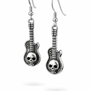 Skull Guitar Dangle Earrings - Silver Tone